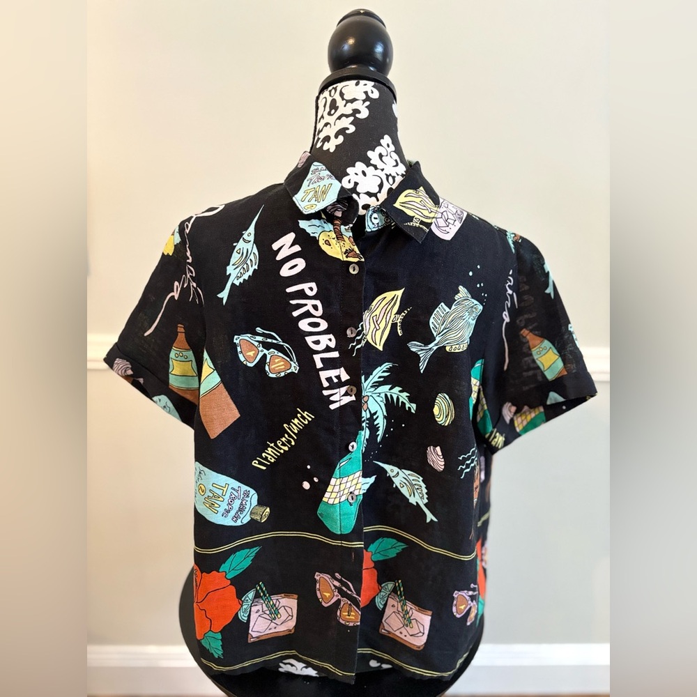 Nicole Miller Black Graphic Vacation Shirt Size L. 100% Linen